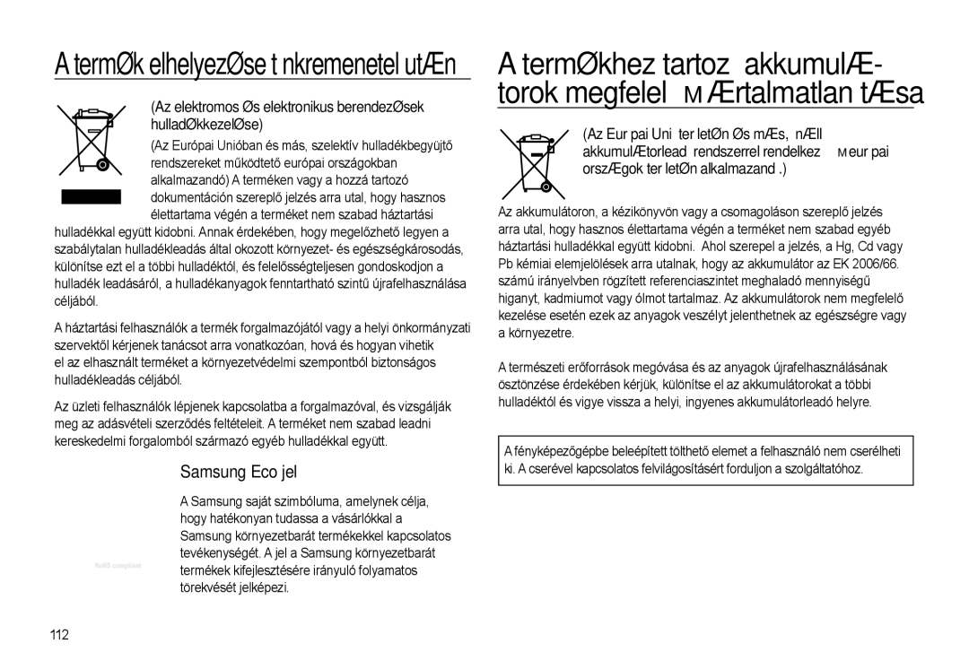 Samsung EC-WB500BBP/E3 Termék elhelyezése tönkremenetel után, Az elektromos és elektronikus berendezések hulladékkezelése 