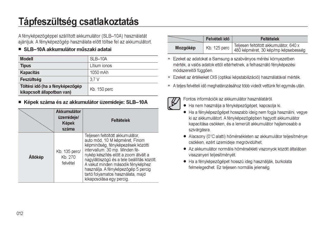 Samsung EC-WB500ABP/E3, EC-WB500BBP/IT, EC-WB500BBA/IT Tápfeszültség csatlakoztatás, SLB-10A akkumulátor műszaki adatai 