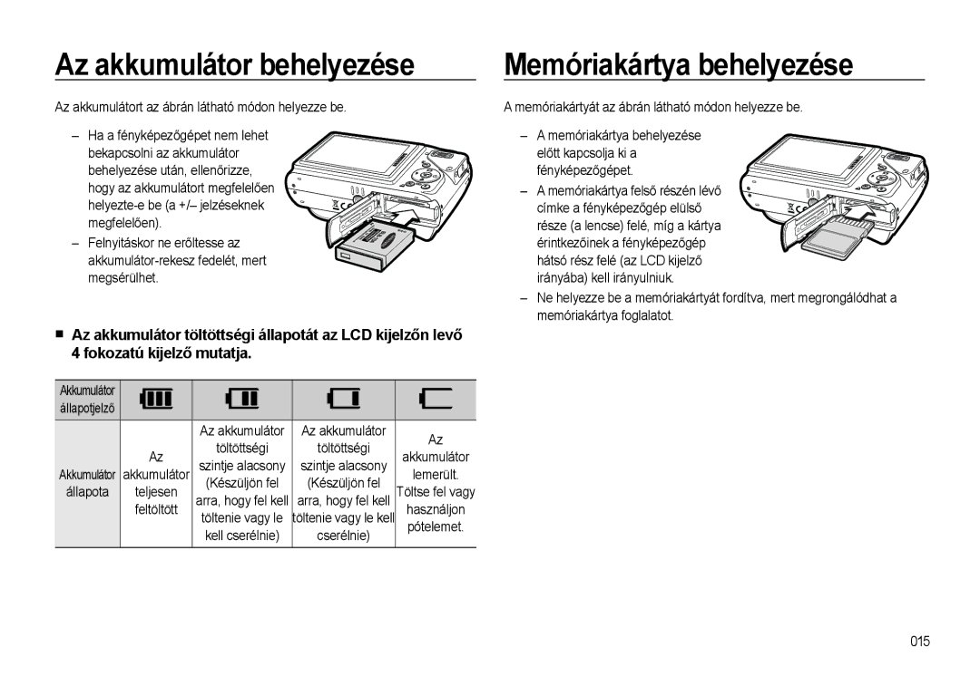 Samsung EC-WB500BBP/E2, EC-WB500BBP/IT, EC-WB500BBA/IT, EC-WB500ABA/IT Az akkumulátor behelyezése, Memóriakártya behelyezése 