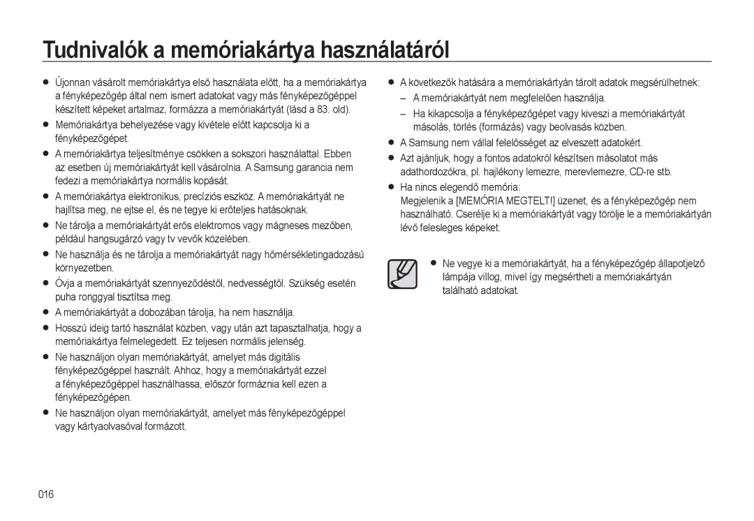 Samsung EC-WB500ABA/E1 Tudnivalók a memóriakártya használatáról, Samsung nem vállal felelősséget az elveszett adatokért 