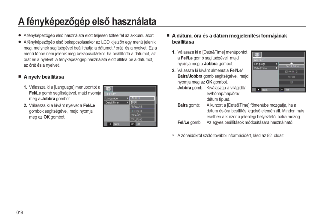 Samsung EC-WB500BBA/IT manual Fényképezőgép első használata, Dátum, óra és a dátum megjelenítési formájának beállítása 