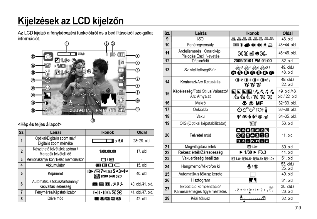 Samsung EC-WB500ABA/IT, EC-WB500BBP/IT Kijelzések az LCD kijelzőn, Kép és teljes állapot, 2009/01/01 PM, Ikonok, 000000 