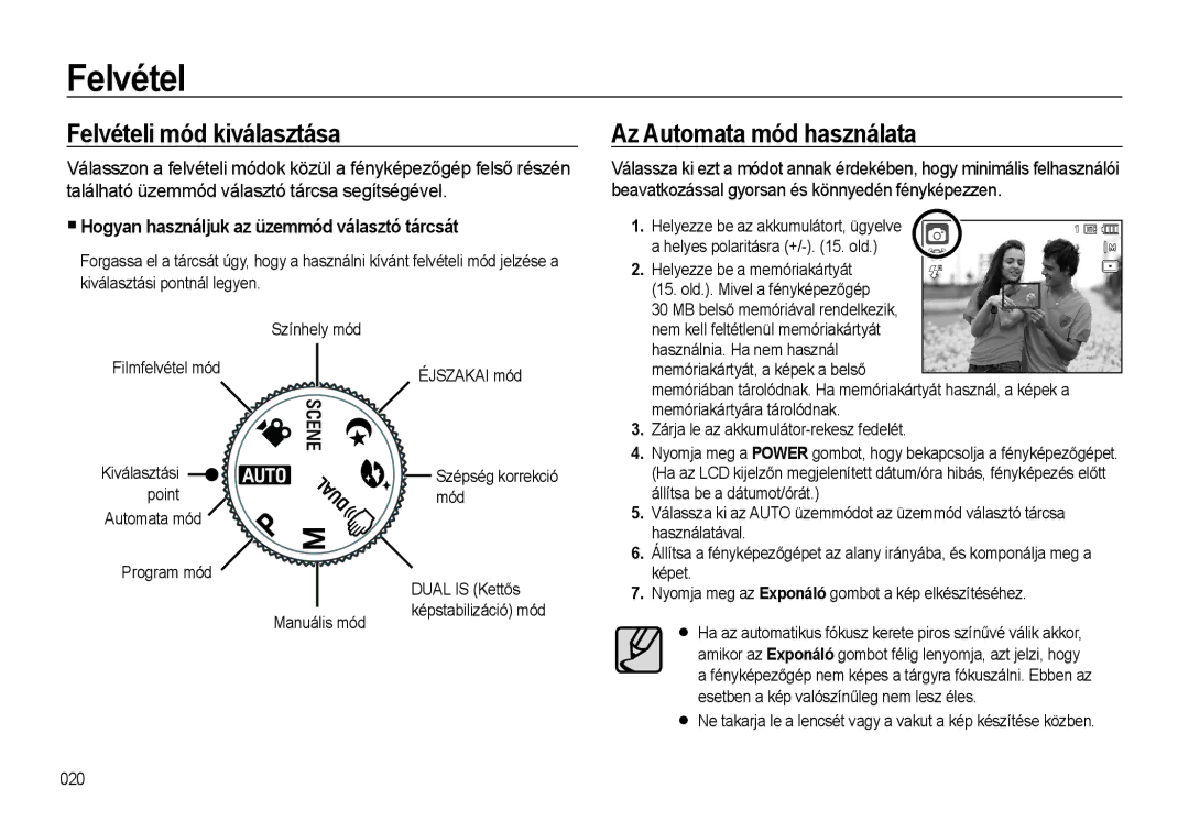 Samsung EC-WB500BBA/E1, EC-WB500BBP/IT, EC-WB500BBA/IT manual Felvételi mód kiválasztása, Az Automata mód használata 