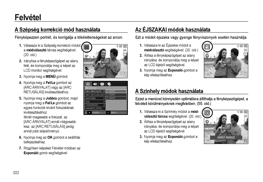 Samsung EC-WB500BBP/E3 manual Szépség korrekció mód használata, Az Éjszakai módok használata, Színhely módok használata 