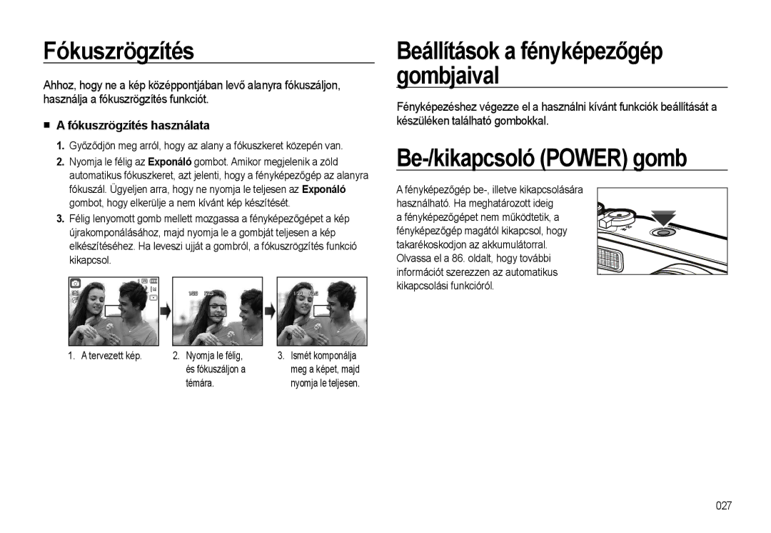 Samsung EC-WB500BBA/IT, EC-WB500BBP/IT, EC-WB500ABA/IT manual Be-/kikapcsoló Power gomb, Fókuszrögzítés használata 