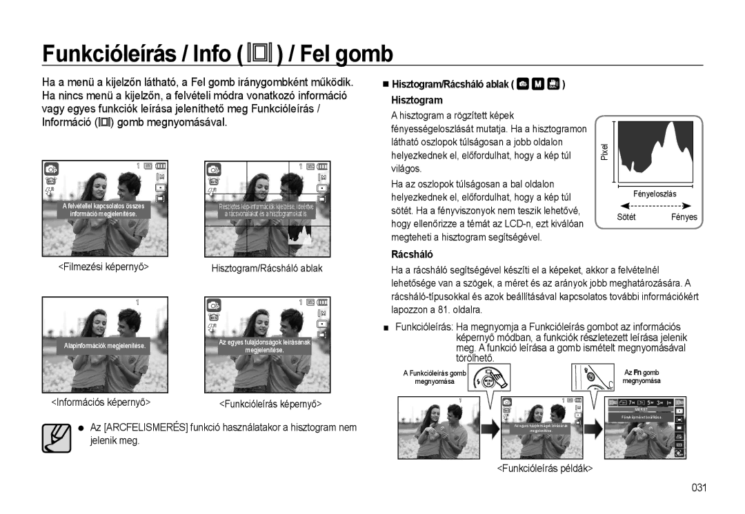 Samsung EC-WB500BBP/E3, EC-WB500BBP/IT manual Funkcióleírás / Info / Fel gomb, Hisztogram/Rácsháló ablak Hisztogram 