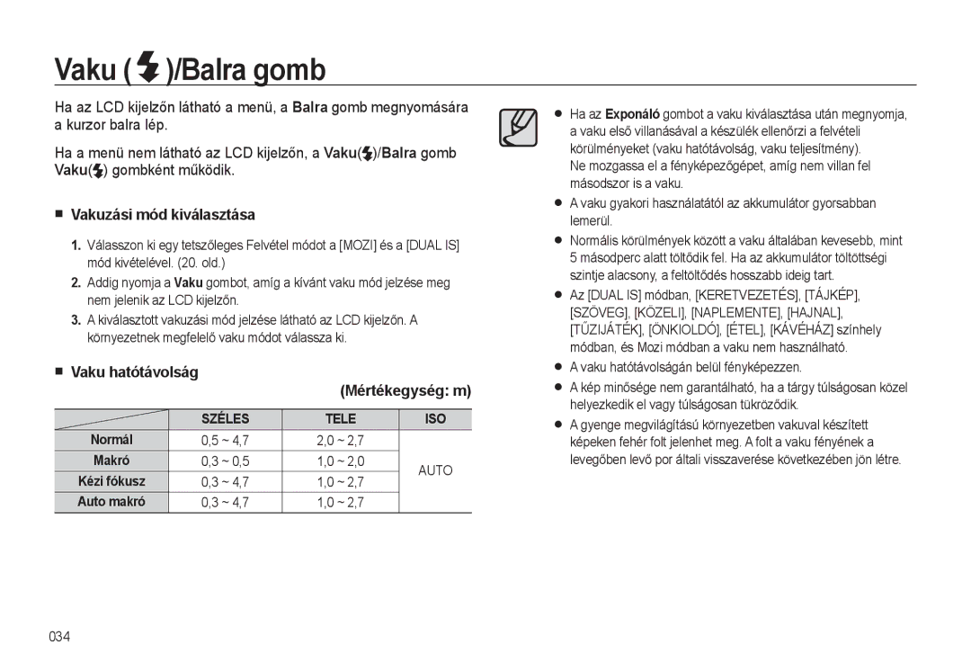 Samsung EC-WB500ABA/E1 manual Vaku /Balra gomb, Vakuzási mód kiválasztása, Vaku hatótávolság Mértékegység m, ~ 4,7, ~ 0,5 