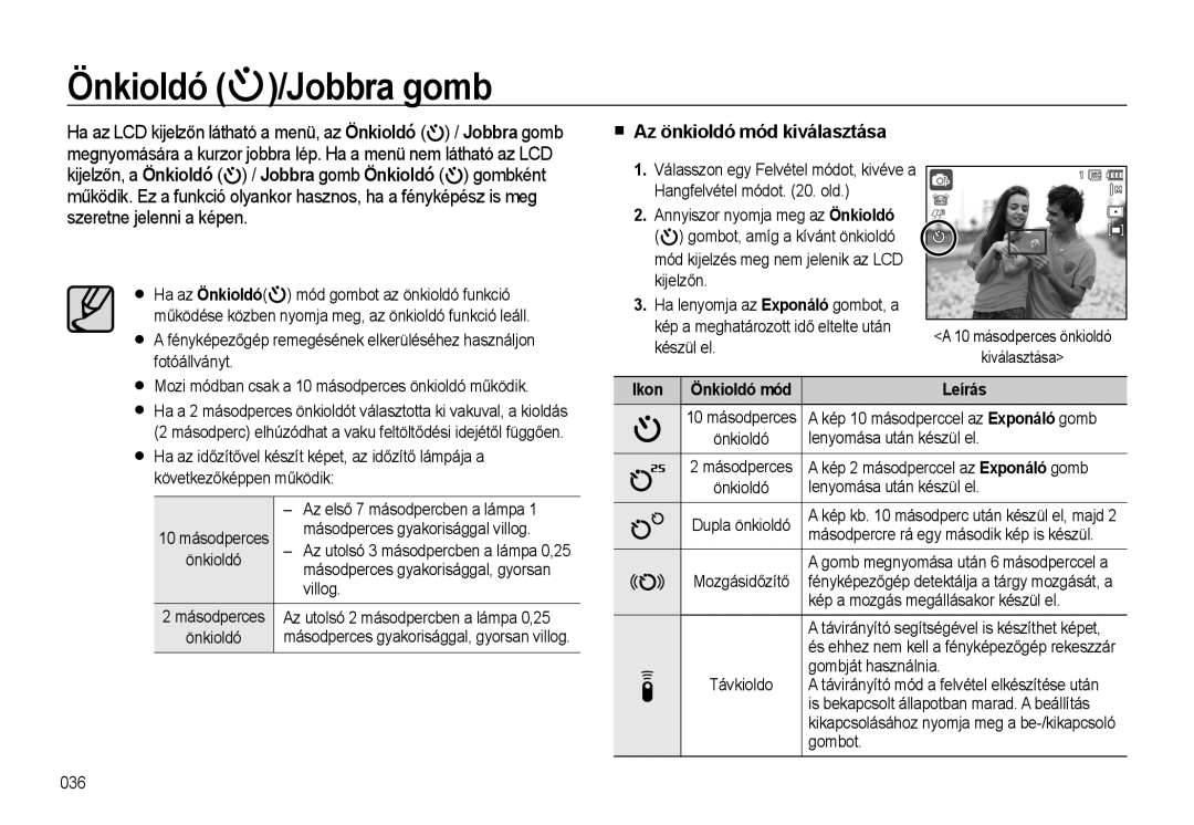 Samsung EC-WB500BBA/IT, EC-WB500BBP/IT manual Önkioldó /Jobbra gomb, Az önkioldó mód kiválasztása, Hangfelvétel módot . old 