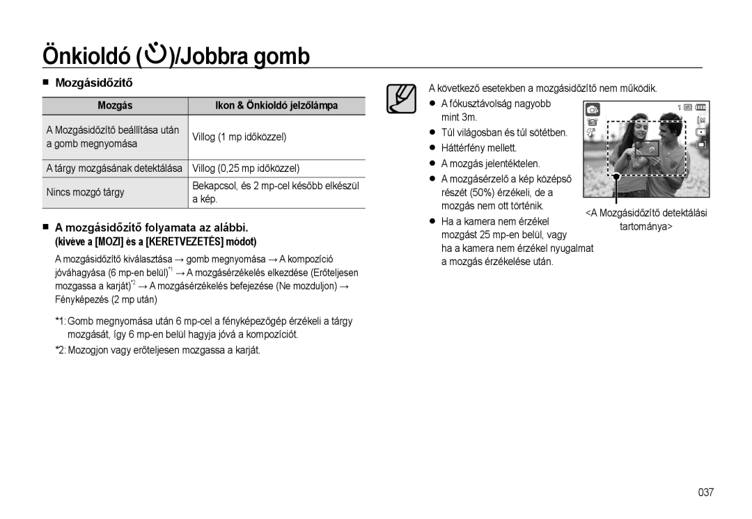 Samsung EC-WB500ABA/IT, EC-WB500BBP/IT, EC-WB500BBA/IT, EC-WB500BBA/E1 manual Mozgásidőzítő, Mozgás Ikon & Önkioldó jelzőlámpa 