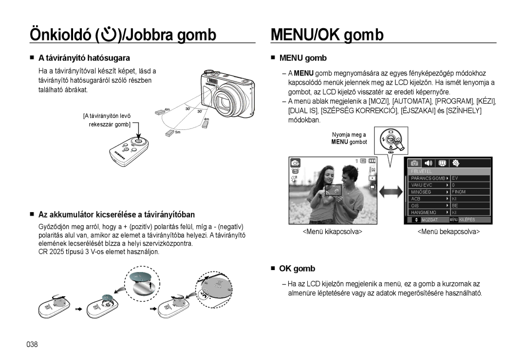 Samsung EC-WB500BBA/E1 manual MENU/OK gomb, Távirányító hatósugara, Az akkumulátor kicserélése a távirányítóban, Menu gomb 