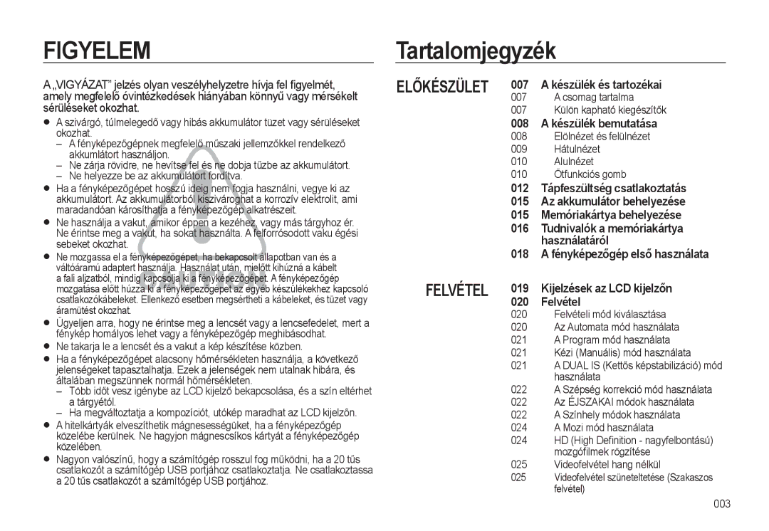 Samsung EC-WB500ABP/E3, EC-WB500BBP/IT, EC-WB500BBA/IT, EC-WB500ABA/IT, EC-WB500BBA/E1, EC-WB500BBP/E3 manual Tartalomjegyzék 