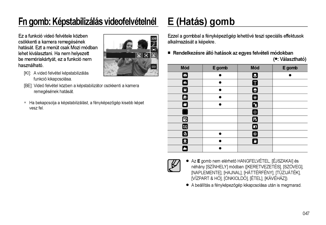 Samsung EC-WB500BBA/E1, EC-WB500BBP/IT manual Hatás gomb, Fn gomb Képstabilizálás videofelvételnél, Használható, Mód Gomb 