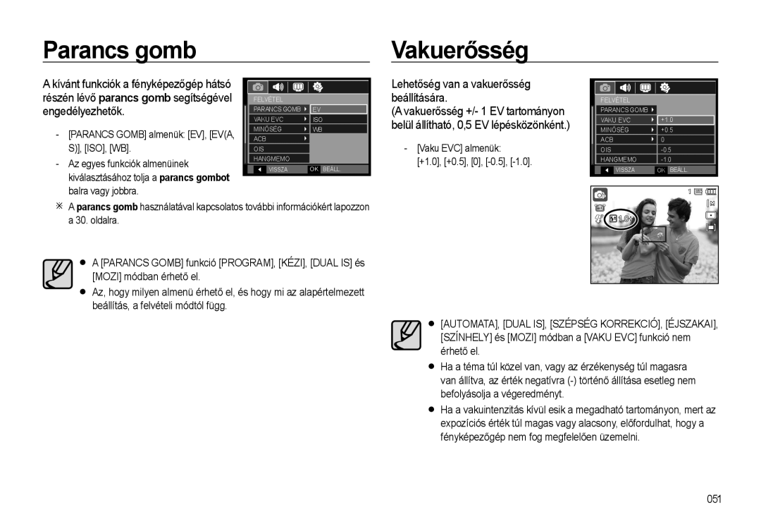 Samsung EC-WB500BBP/E2, EC-WB500BBP/IT, EC-WB500BBA/IT, EC-WB500ABA/IT, EC-WB500BBA/E1 manual Parancs gomb Vakuerősség 