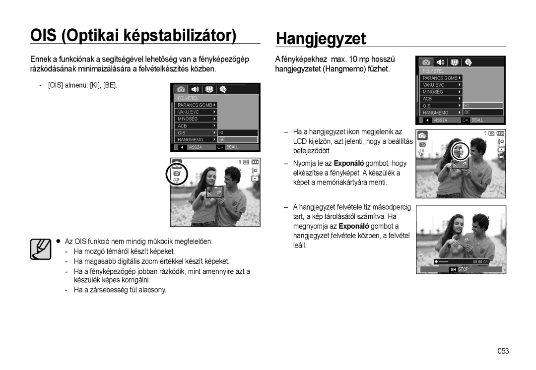 Samsung EC-WB500BBP/IT, EC-WB500BBA/IT, EC-WB500ABA/IT manual OIS Optikai képstabilizátor Hangjegyzet, OIS almenü KI, be 