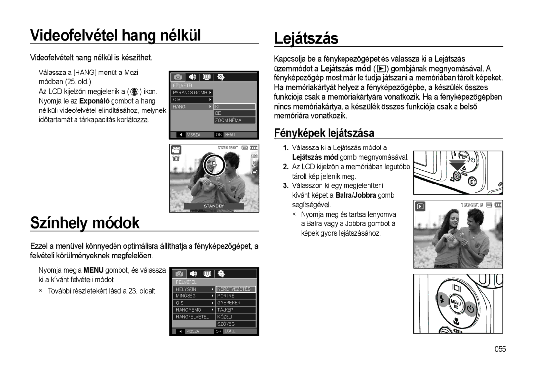 Samsung EC-WB500ABA/IT, EC-WB500BBP/IT manual Videofelvétel hang nélkül Lejátszás, Színhely módok, Fényképek lejátszása 