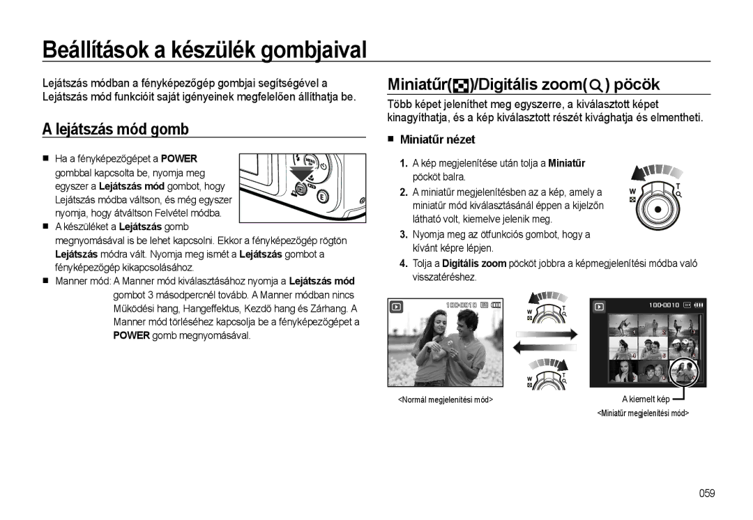 Samsung EC-WB500ABA/E3 manual Beállítások a készülék gombjaival, Lejátszás mód gomb, Miniatűr /Digitális zoom pöcök 