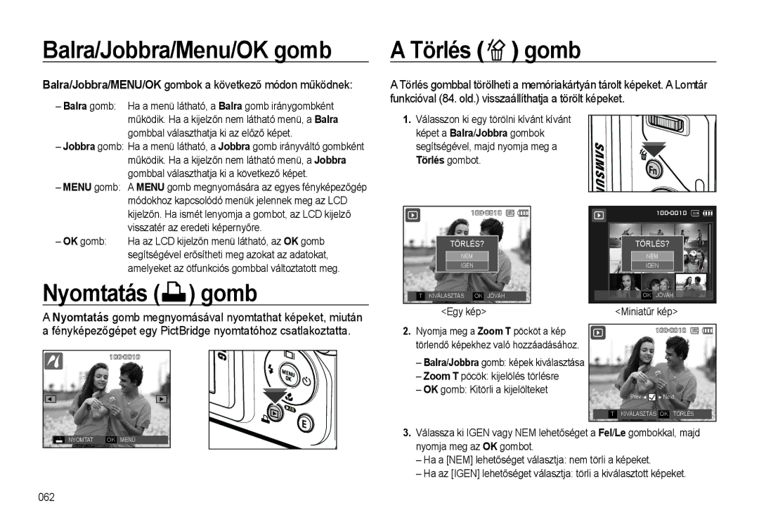 Samsung EC-WB500BBP/IT, EC-WB500BBA/IT, EC-WB500ABA/IT manual Balra/Jobbra/Menu/OK gomb, Törlés gomb, Nyomtatás gomb, Egy kép 