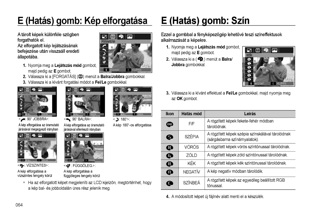 Samsung EC-WB500ABA/IT manual Hatás gomb Szín, Tárolt képek különféle szögben Forgathatók el, Ikon Hatás mód Leírás 