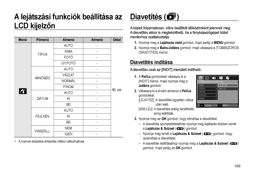 Samsung EC-WB500BBP/E2 manual Diavetítés indítása, Diavetítés csak az Indit menüből indítható, Menü, Almenü Oldal 