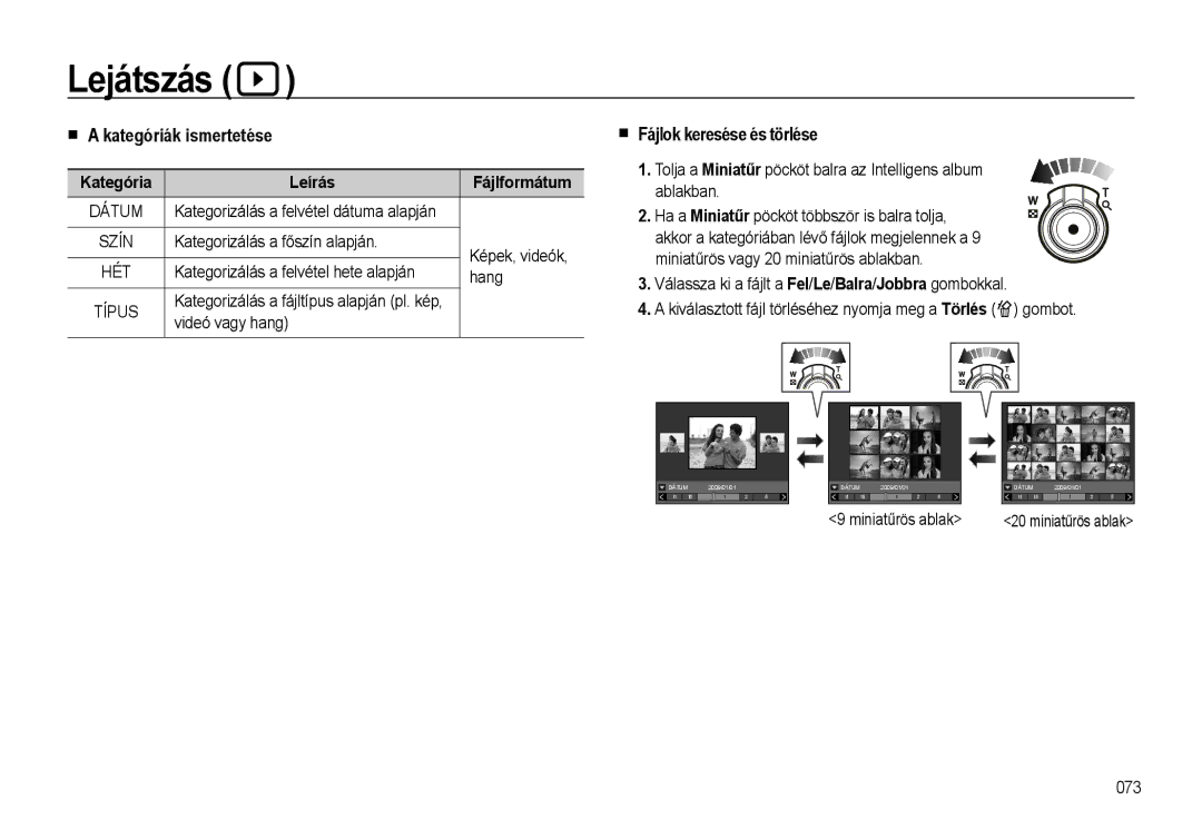 Samsung EC-WB500ABA/IT, EC-WB500BBP/IT Kategóriák ismertetése, Fájlok keresése és törlése, Kategória Leírás Fájlformátum 