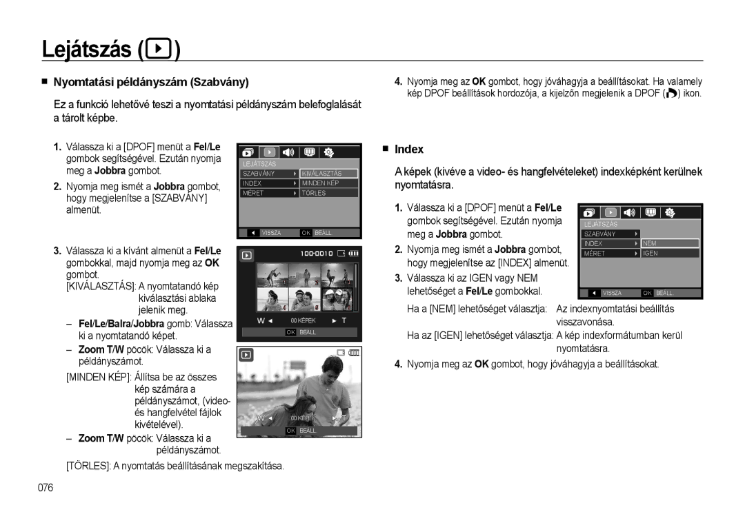 Samsung EC-WB500BBP/E3 manual Nyomtatási példányszám Szabvány, Index, Meg a Jobbra gombot, Lehetőséget a Fel/ Le gombokkal 