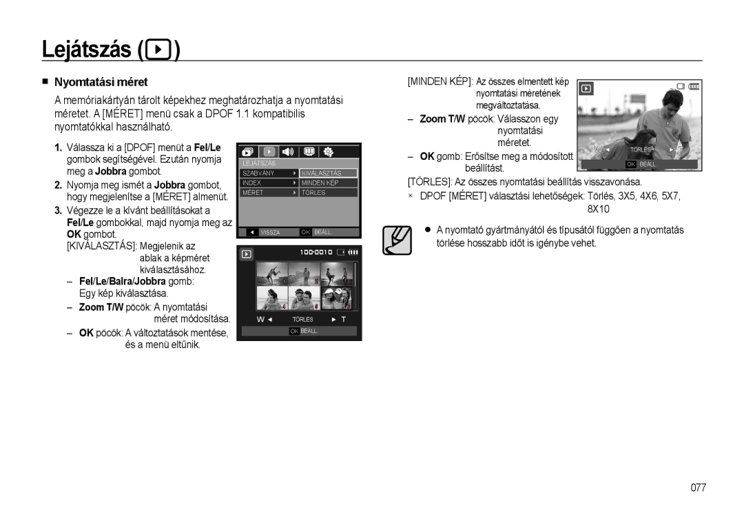 Samsung EC-WB500ABA/E3, EC-WB500BBP/IT, EC-WB500BBA/IT manual Nyomtatási méret, Meg a Jobbra gombot, Fel/Le/Balra/Jobbra gomb 