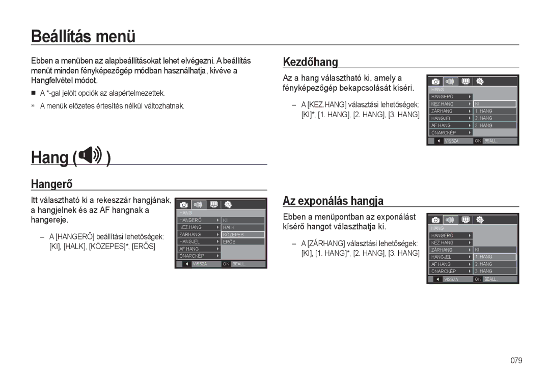 Samsung EC-WB500ABA/E1, EC-WB500BBP/IT, EC-WB500BBA/IT manual Beállítás menü, Kezdőhang, Hangerő, Az exponálás hangja 