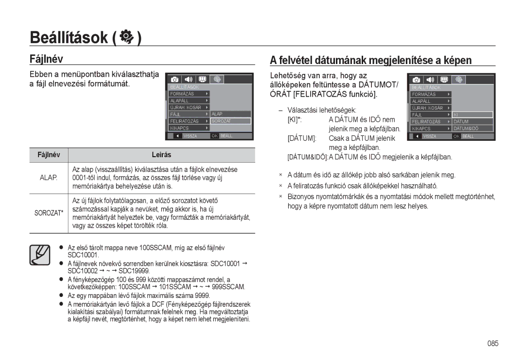 Samsung EC-WB500BBP/E3 manual Fájl elnevezési formátumát, Dátum és IDŐ nem, Jelenik meg a képfájlban, Csak a Dátum jelenik 