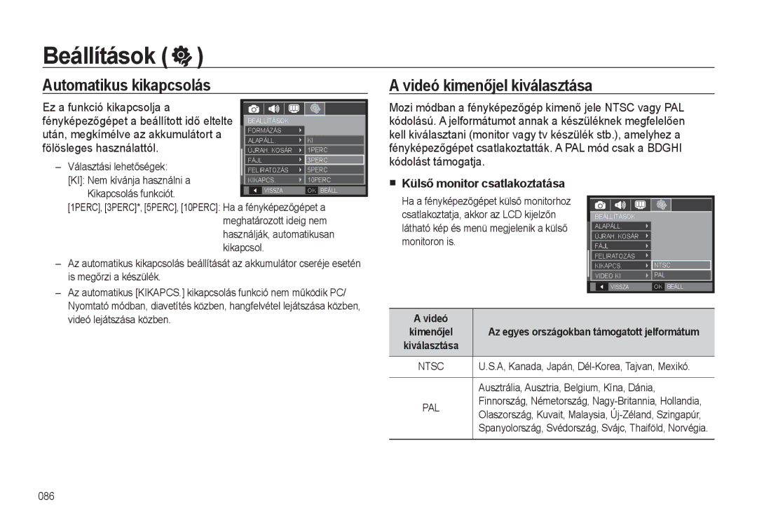 Samsung EC-WB500ABA/E3 Automatikus kikapcsolás, Videó kimenőjel kiválasztása, Fényképezőgépet a beállított idő eltelte 