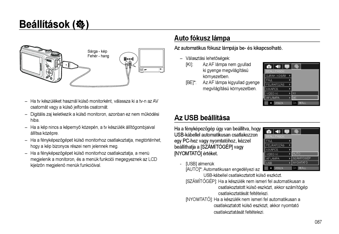 Samsung EC-WB500BBP/E2 manual Auto fókusz lámpa, Az USB beállítása, Az automatikus fókusz lámpája be- és kikapcsolható 