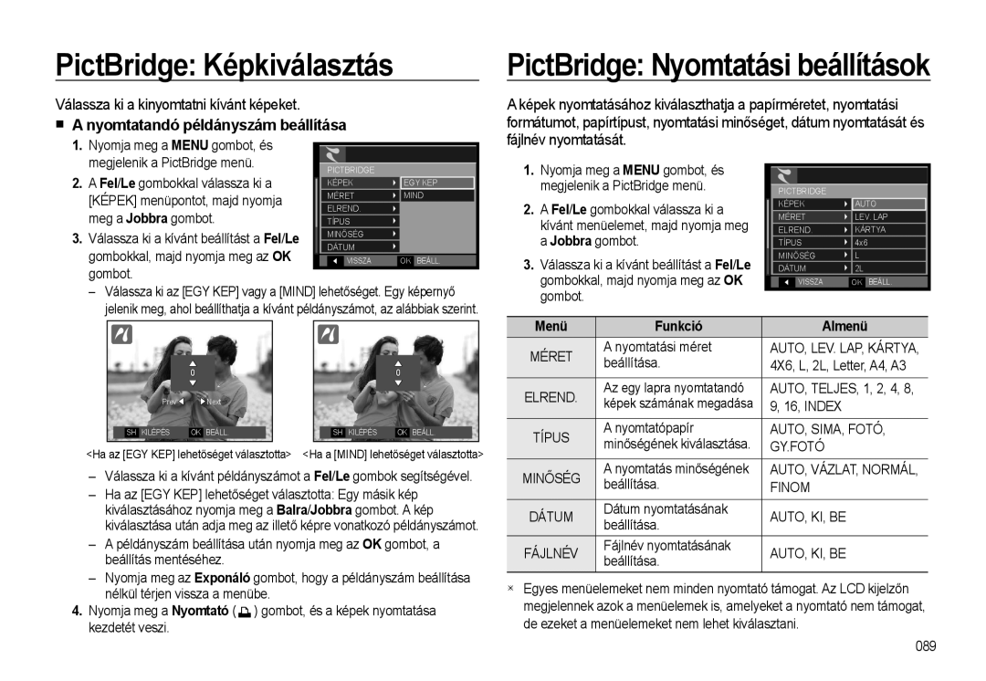 Samsung EC-WB500BBP/IT, EC-WB500BBA/IT PictBridge Képkiválasztás, Válassza ki a kinyomtatni kívánt képeket, Funkció Almenü 