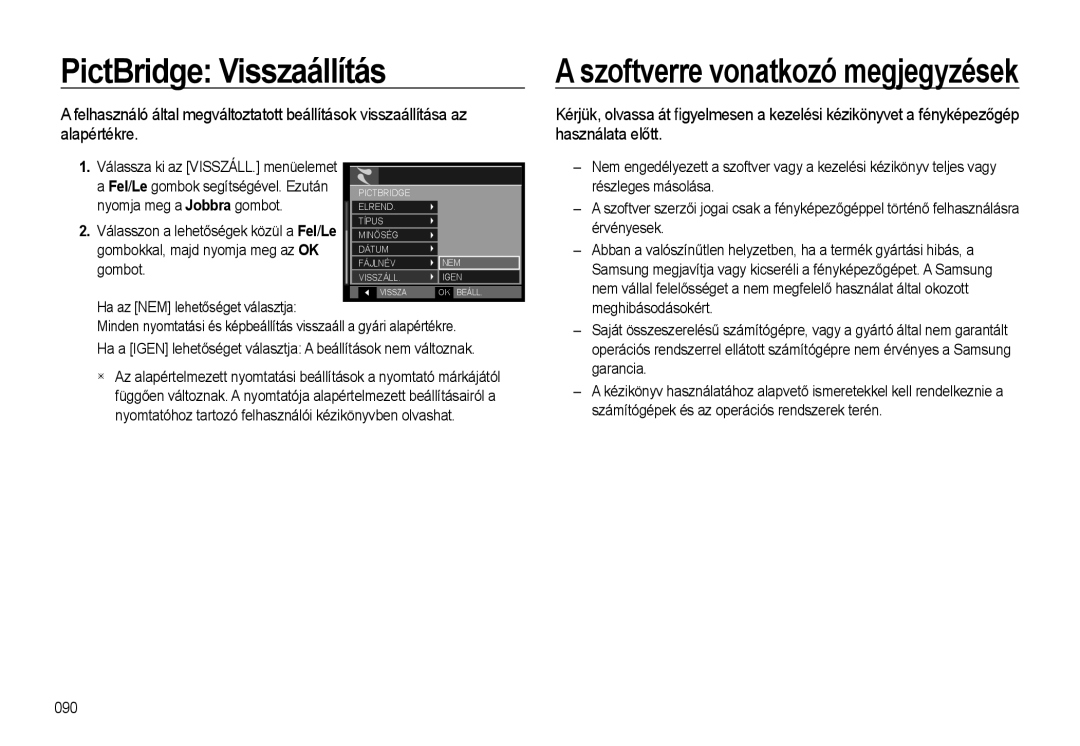 Samsung EC-WB500BBA/IT PictBridge Visszaállítás, Válassza ki az VISSZÁLL. menüelemet, Gombokkal, majd nyomja meg az OK 