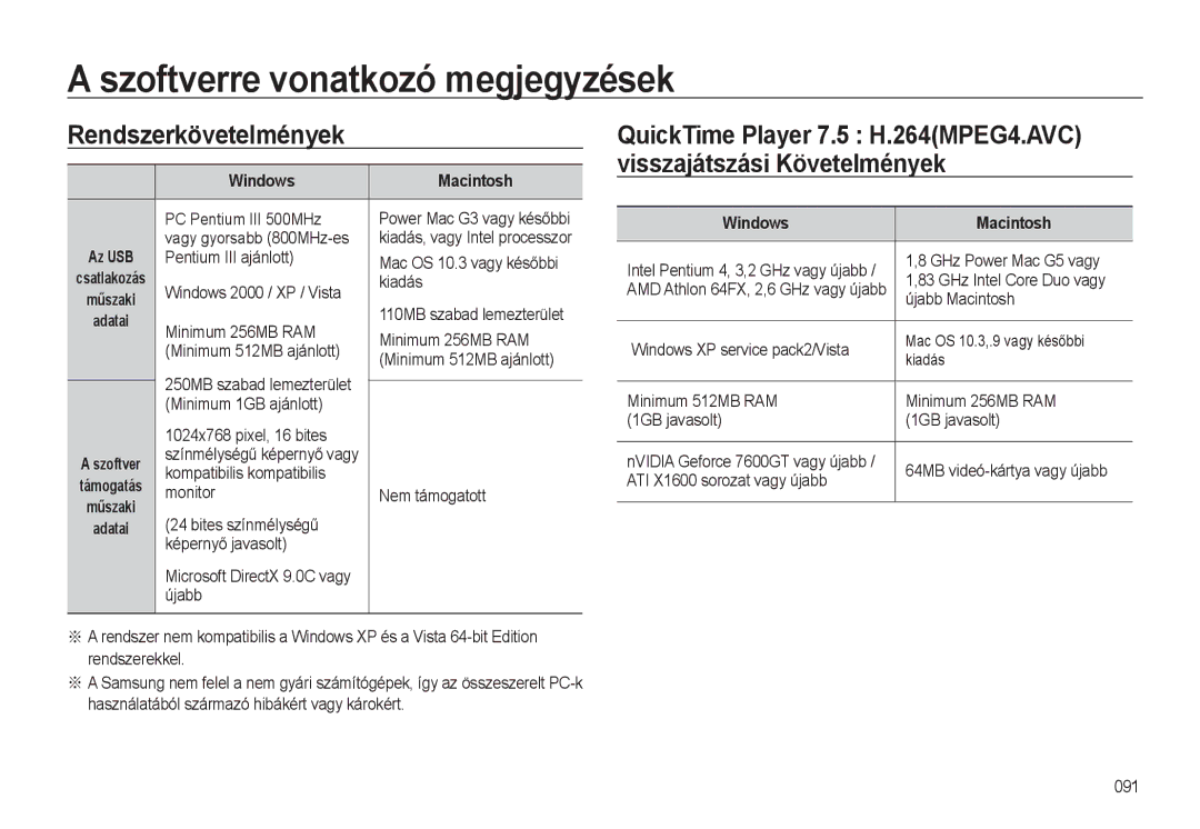 Samsung EC-WB500ABA/IT, EC-WB500BBP/IT manual Szoftverre vonatkozó megjegyzések, Rendszerkövetelmények, Windows Macintosh 