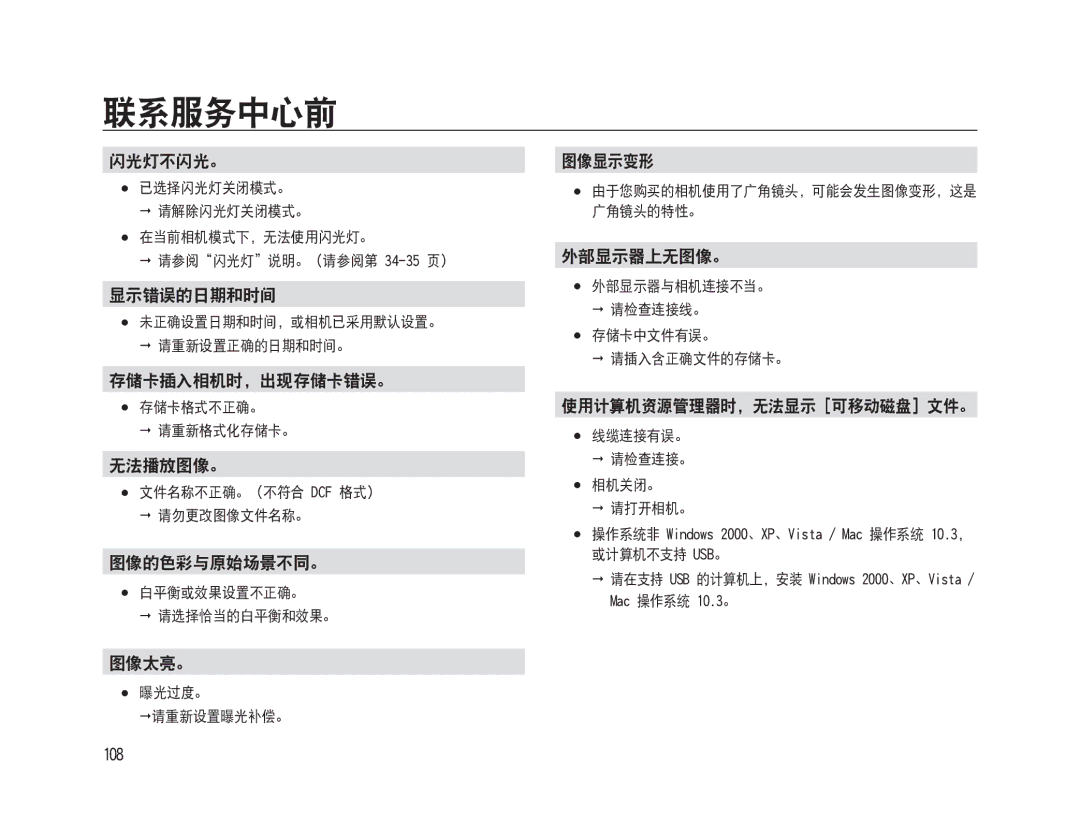 Samsung EC-WB500BBA/IT manual 闪光灯不闪光。, 显示错误的日期和时间, 存储卡插入相机时，出现存储卡错误。, 无法播放图像。, 图像的色彩与原始场景不同。, 图像太亮。, 图像显示变形, 外部显示器上无图像。 