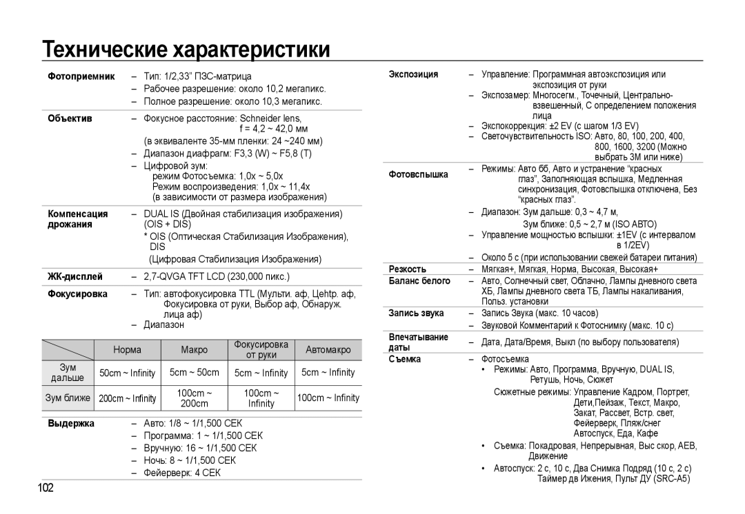 Samsung EC-WB500ABA/RU, EC-WB500BBP/RU, EC-WB500ABP/RU, EC-WB500BBA/RU manual Технические характеристики, 102 