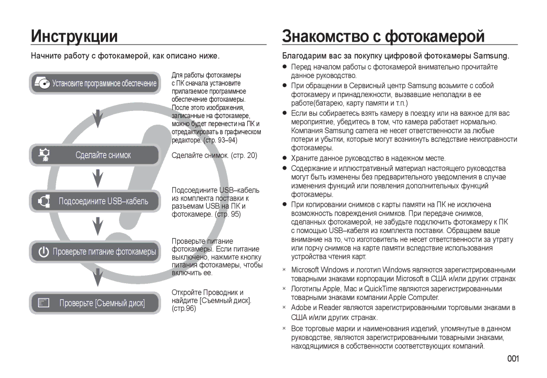 Samsung EC-WB500BBA/RU manual Инструкции, Знакомство с фотокамерой, Начните работу с фотокамерой, как описано ниже, 001 