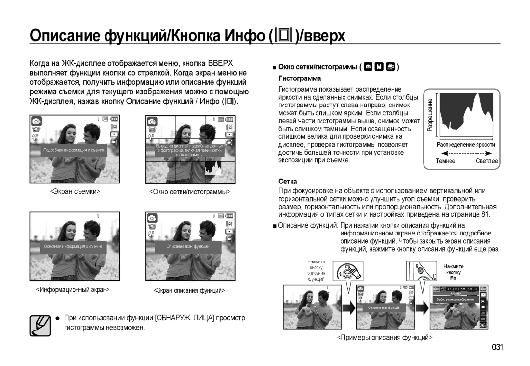 Samsung EC-WB500BBP/RU, EC-WB500ABP/RU Описание функций/Кнопка Инфо /вверх, 031, Окно сетки/гистограммы Гистограмма, Сетка 