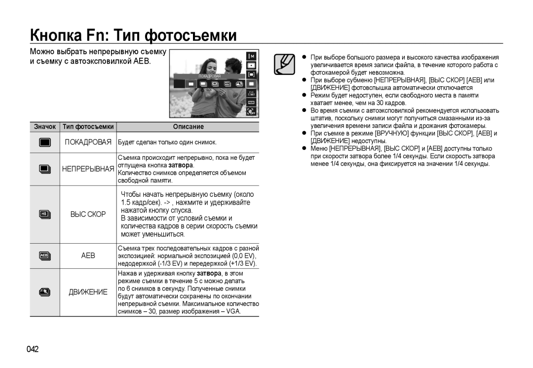 Samsung EC-WB500ABA/RU manual Кнопка Fn Тип фотосъемки, Можно выбрать непрерывную съемку, Съемку с автоэксповилкой AEB, Aeb 