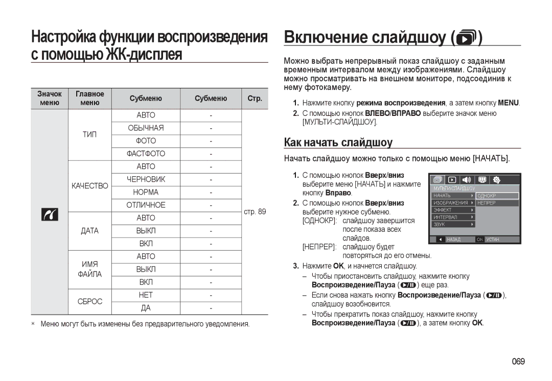 Samsung EC-WB500BBA/RU Включение слайдшоу, Настройкафункциивоспроизведения спомощьюЖК-дисплея, Как начать слайдшоу, 069 