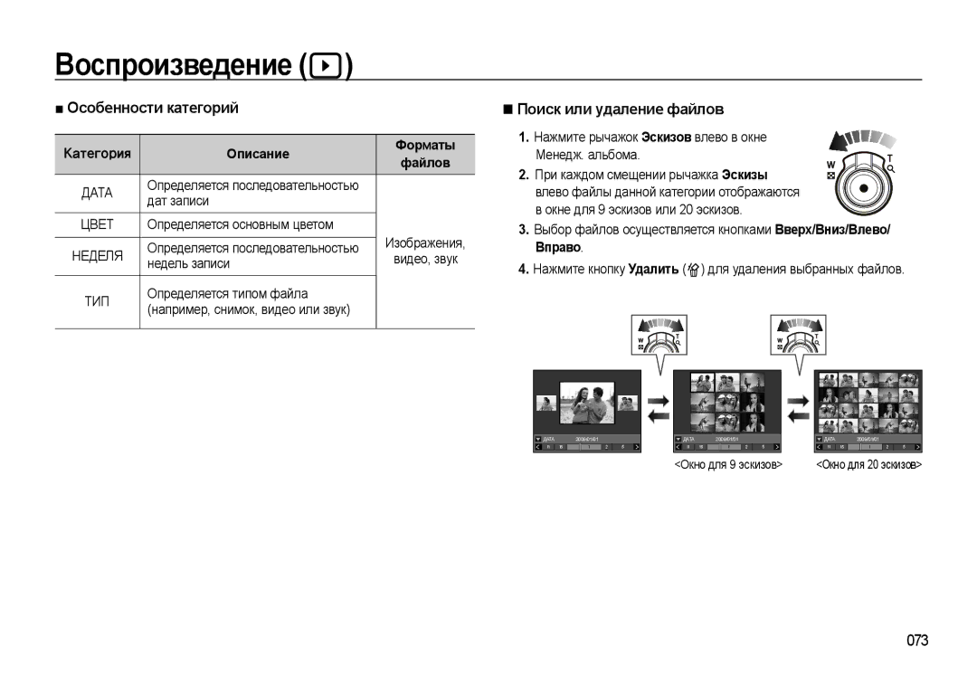 Samsung EC-WB500BBA/RU, EC-WB500BBP/RU Особенности категорий, Поиск или удаление файлов, 073, Описание Форматы, Вправо 