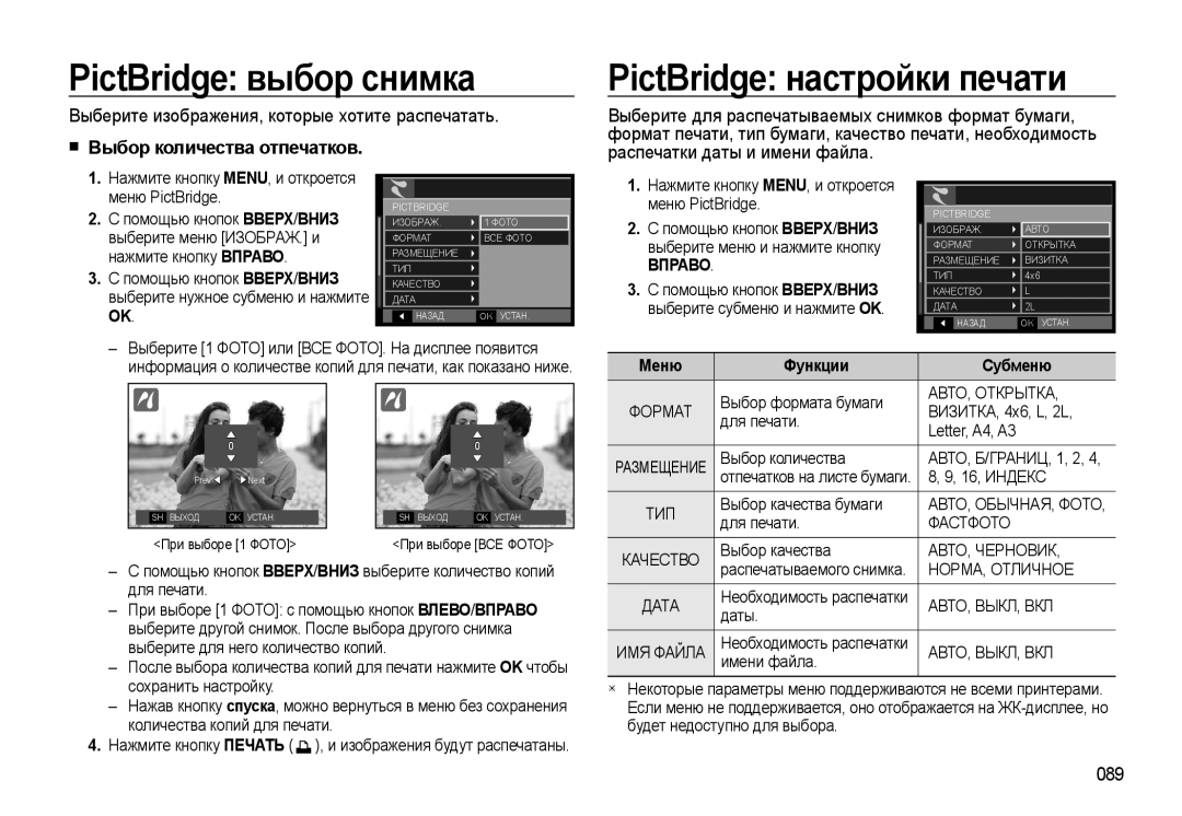 Samsung EC-WB500BBA/RU, EC-WB500BBP/RU PictBridge выбор снимка, PictBridge настройки печати, Выбор количества отпечатков 