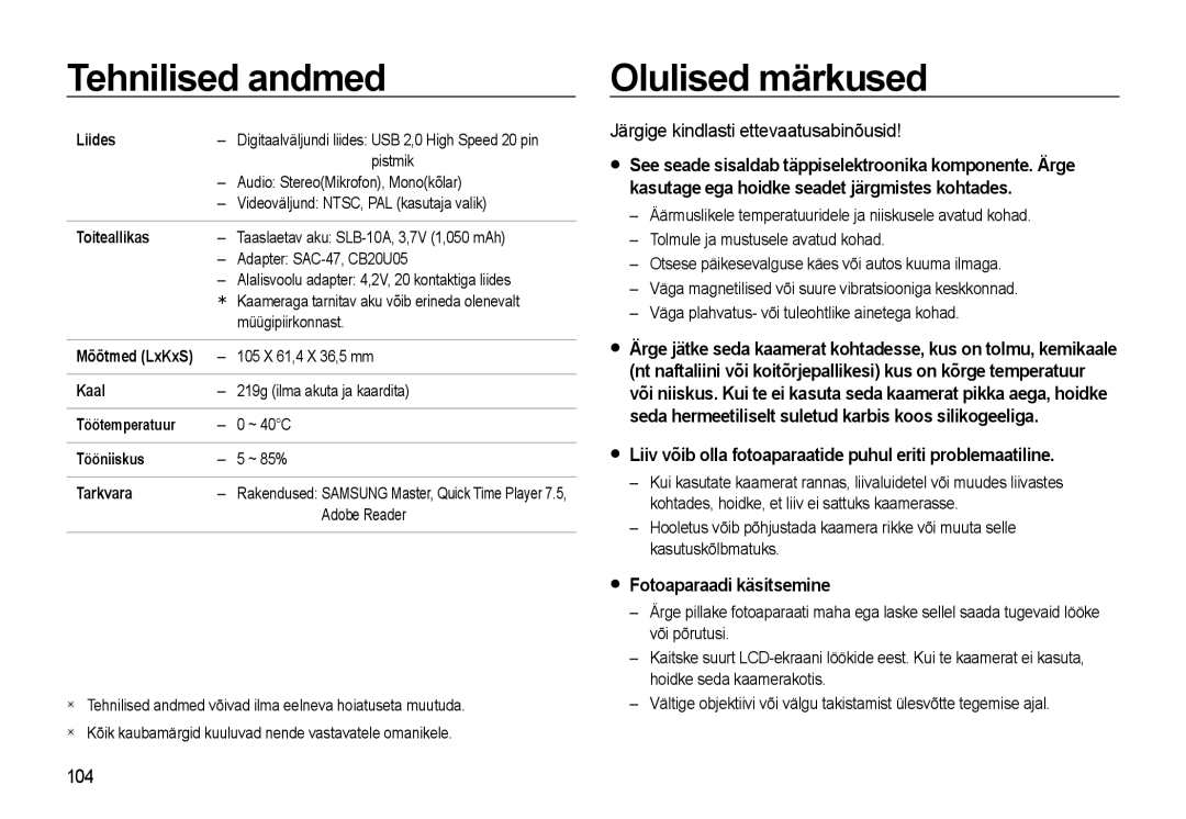 Samsung EC-WB500ABP/RU manual Olulised märkused, Järgige kindlasti ettevaatusabinõusid, Fotoaparaadi käsitsemine, 104 