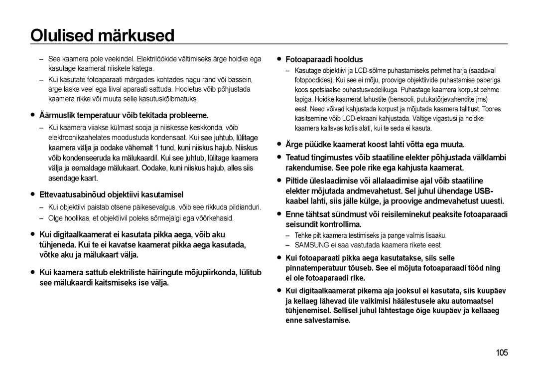 Samsung EC-WB500BBP/RU manual Äärmuslik temperatuur võib tekitada probleeme, Ettevaatusabinõud objektiivi kasutamisel, 105 