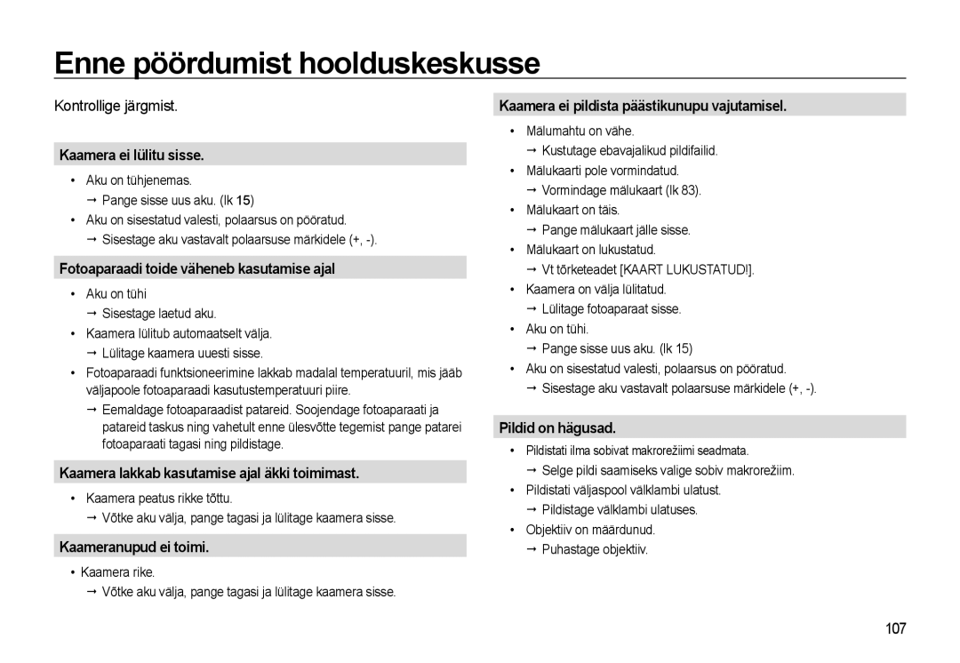 Samsung EC-WB500BBP/RU, EC-WB500ABP/RU manual Enne pöördumist hoolduskeskusse 