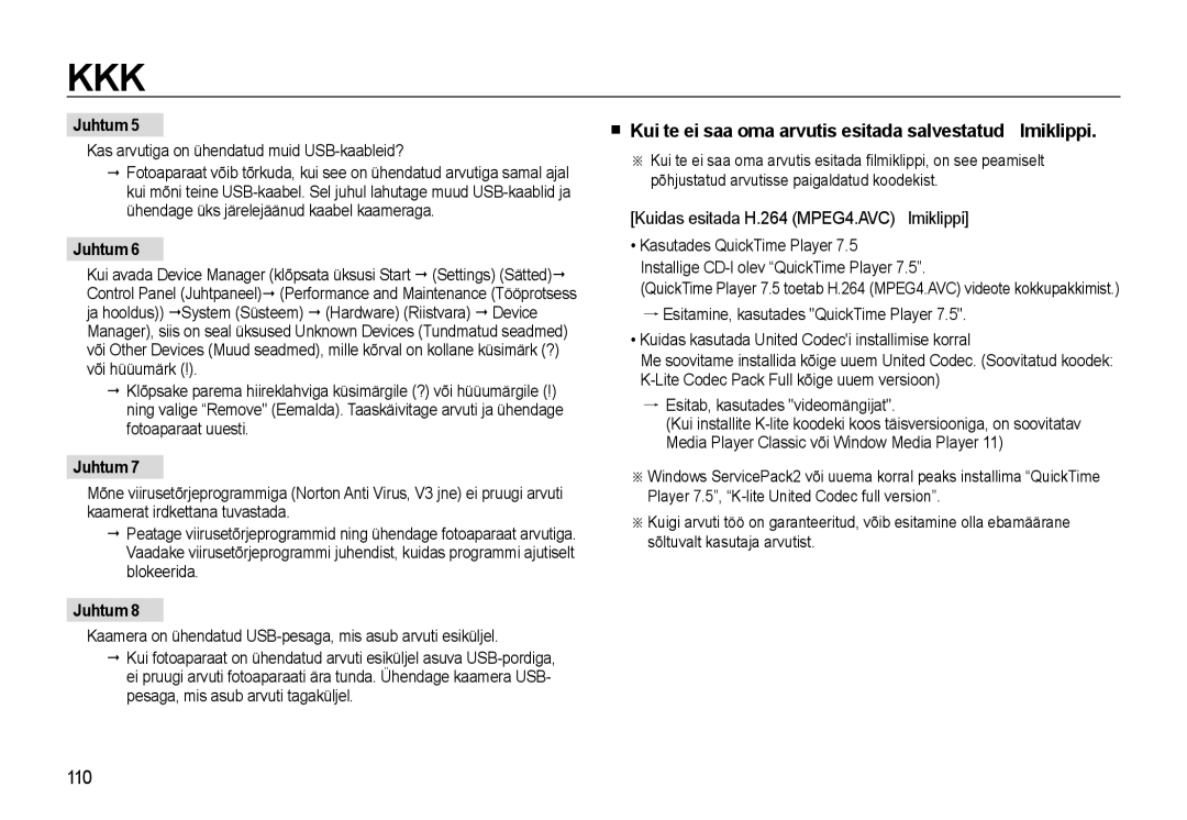 Samsung EC-WB500ABP/RU, EC-WB500BBP/RU manual Kui te ei saa oma arvutis esitada salvestatud ﬁlmiklippi, 110 