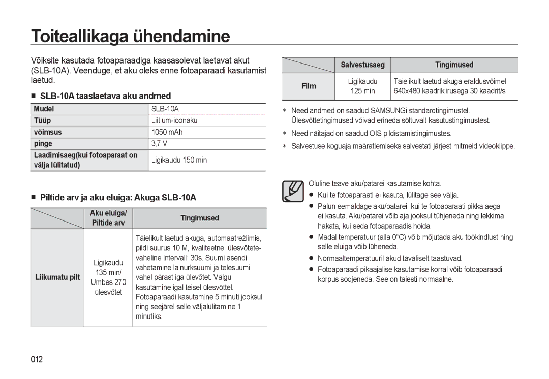 Samsung EC-WB500ABP/RU Toiteallikaga ühendamine, SLB-10A taaslaetava aku andmed, Piltide arv ja aku eluiga Akuga SLB-10A 