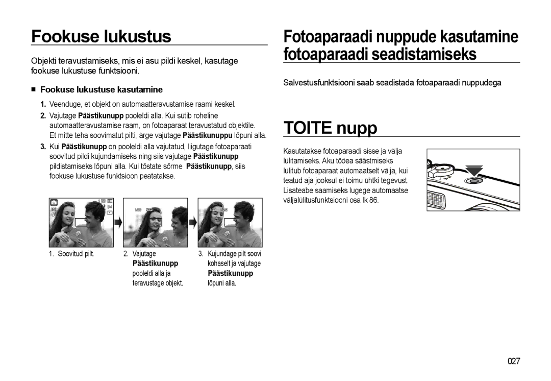 Samsung EC-WB500BBP/RU, EC-WB500ABP/RU manual Toite nupp, Fookuse lukustuse kasutamine, 027 