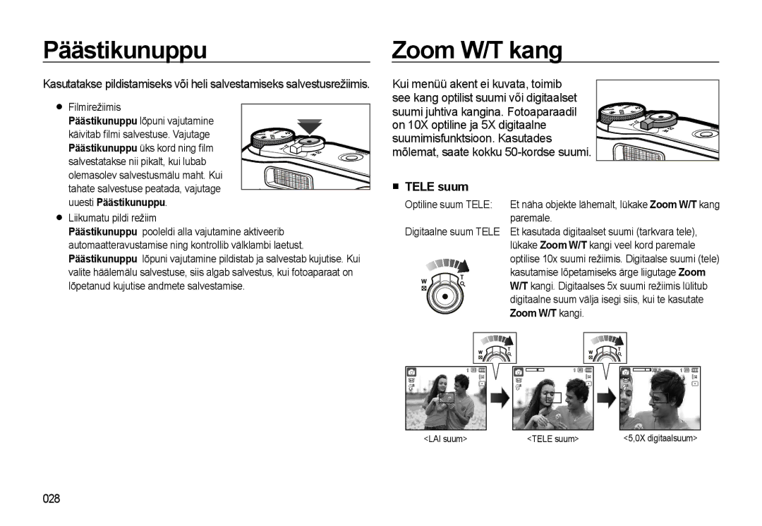 Samsung EC-WB500ABP/RU, EC-WB500BBP/RU manual Päästikunuppu, Tele suum, 028, Zoom W/T kangi 