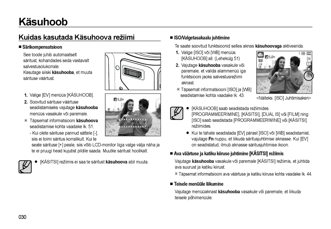 Samsung EC-WB500ABP/RU manual Käsuhoob, Kuidas kasutada Käsuhoova režiimi, Särikompensatsioon ISO/Valgetasakaalu juhtimine 