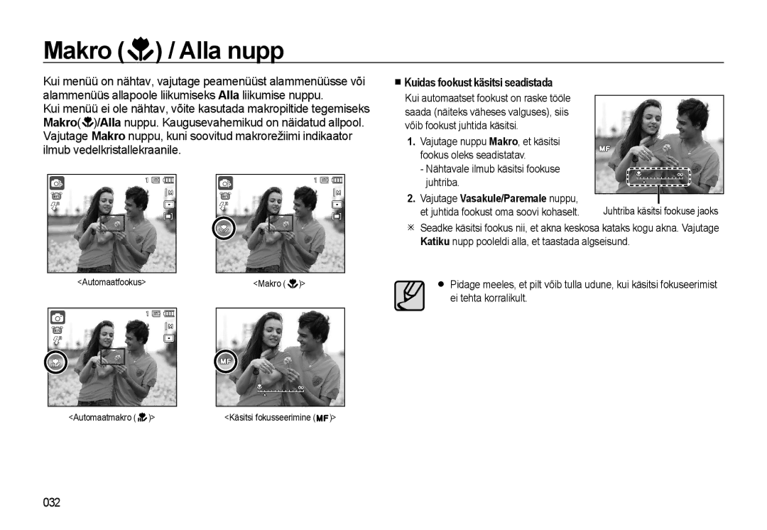 Samsung EC-WB500ABP/RU manual Makro / Alla nupp, Kuidas fookust käsitsi seadistada, 032, Vajutage Vasakule/Paremale nuppu 